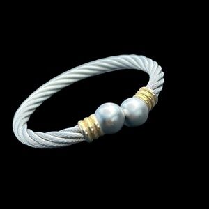 Vintage style grey pearl Twisted Cable  Bangle Bracelet silver gold two tone